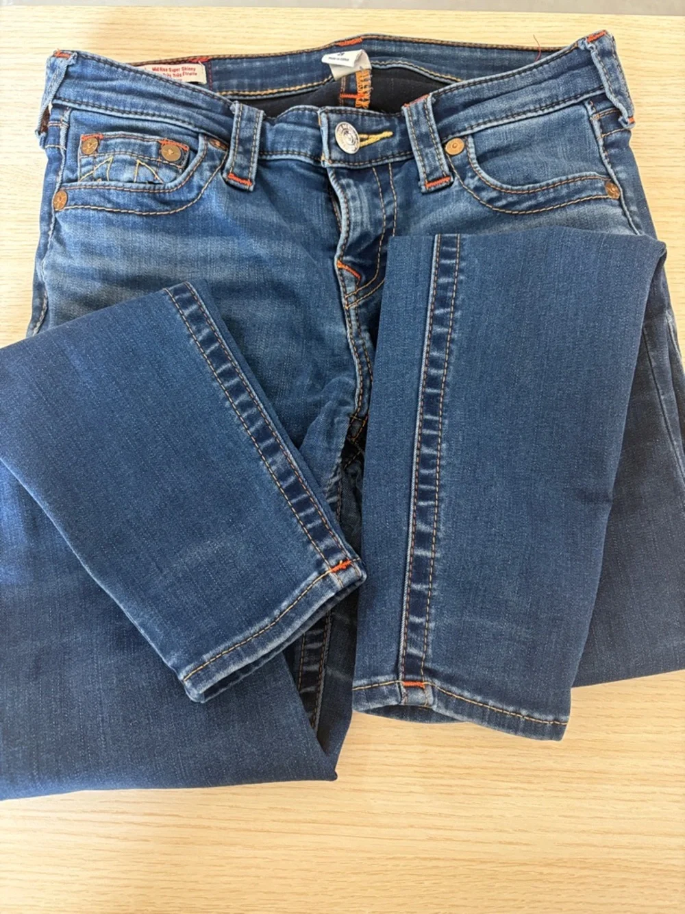 True Religion Skinny Jeans in Blue with Orange Stitching - Picture 5 of 6